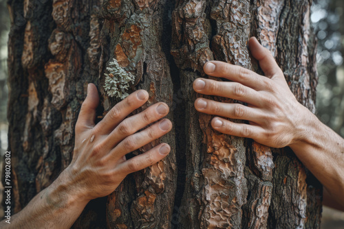 Hands embracing a tree in a hug.