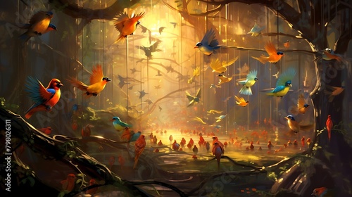 a visual representation of the harmonious symphony created by birds chirping in a sunlit paradise