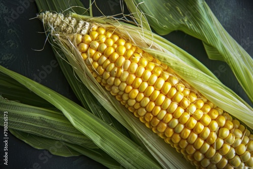 Close up of a single ear of corn on a table, ideal for food and agriculture concepts