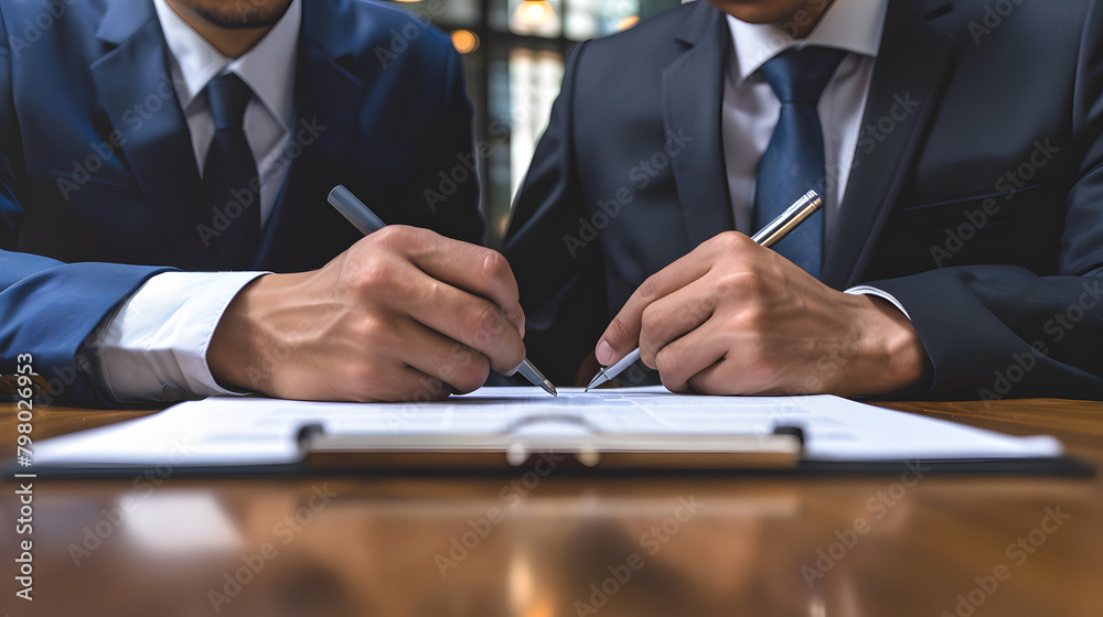 Two Japanese in suits sign a contract in the office. with a lot of stock behind them Two Japanese in suits sign a contract in the office. with a lot of stock behind them