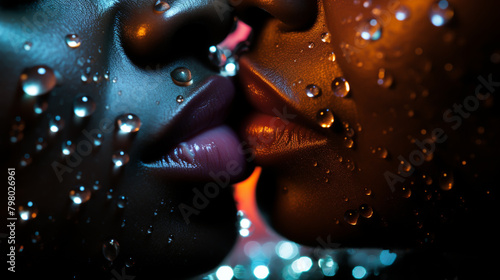 LGBT couple kiss lips. Passion and sensual touch. Closeup of mouths kissing. Two lgbtq in love. Lip care and beauty. photo