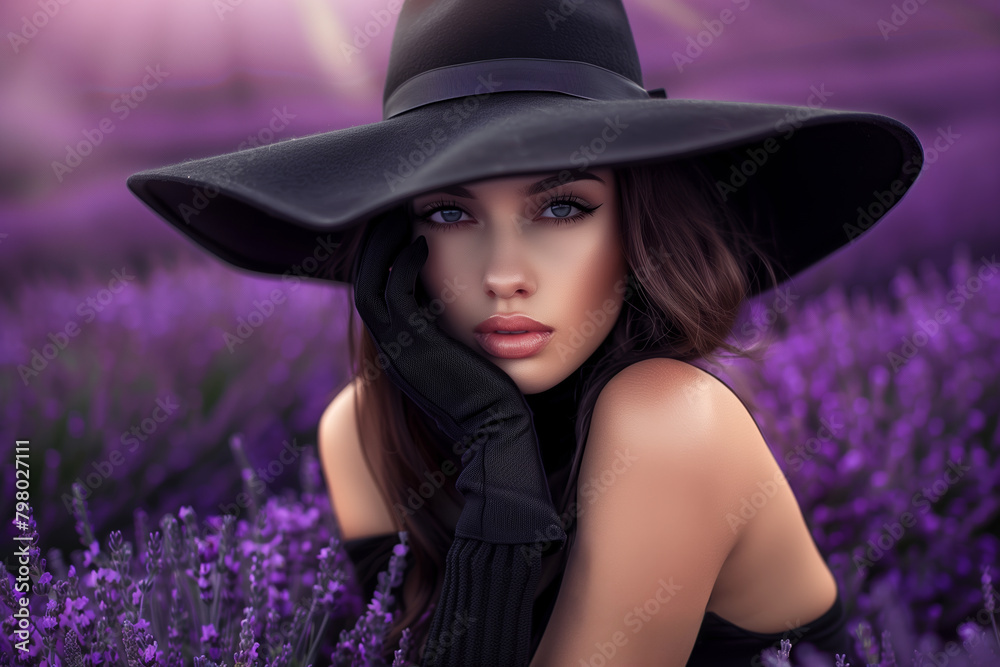 Woman in a black hat and gloves sitting on a lavender field, with a purple color. Woman in a black hat and gloves sitting on a lavender field, with a purple color.