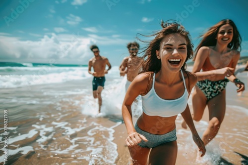 Young People Beach. Group of Friends Enjoying a Happy Summer Day Running on the Beach © AIGen