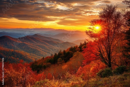 Autumn Mountains. Great Smoky Mountains Sunrise in Tennessee - Scenic and Dramatic Fall Landscape