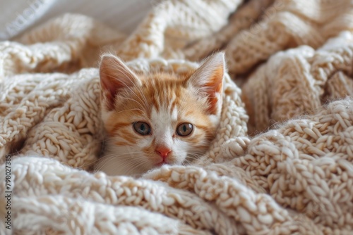 Cat Cute. Adorable Red Kitten Sleeping on a Cozy Cream Blanket