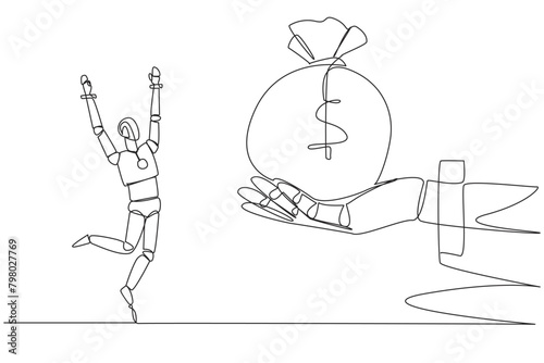 Single one line drawing a smart robot was excited to get the money bag from giant hand. Learning by doing. Practice makes perfect. Success that makes money. Continuous line design graphic illustration