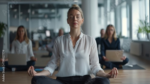 Businesswoman Meditating in Office photo