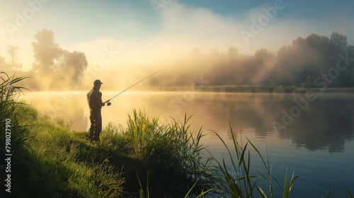 A fisherman with a fishing rod, a spinning reel on the bank of the river. Sunrise. A man fishing alone at the dawn. Fog on the background of the lake. foggy morning background. photo