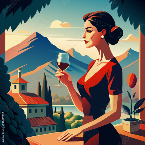 illustration of woman with wine
