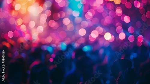 Out of focus beams of vibrant hues intertwining above a packed dance floor immersing the scene in a mesmerizing display of blurred lights and movement. .
