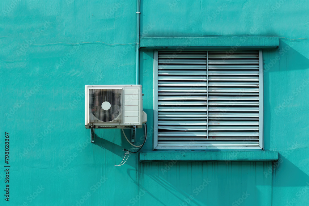 An outdoor air conditioning unit attached to a modern building with windows and a facade.
An outdoor air conditioning unit attached to a modern building with windows and a facade.