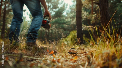 A man holding a chainsaw in a forest. Suitable for horror or thriller themes