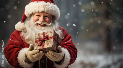 Santa Claus Giving A Giftbox In Magic Night