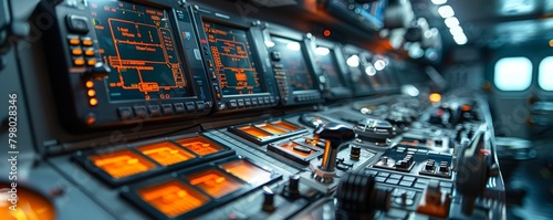 Close-up of futuristic ship bridge controls with glowing screens and detailed panels