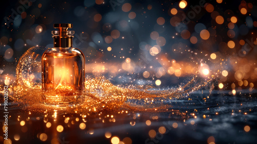 Glass perfume bottle emitting a golden glow with swirling sparks and bokeh effects in the background, creating a luxurious and enchanting atmosphere with vibrant illumination