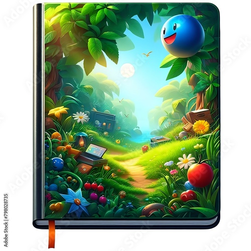 A notebook with a cartoon forest scene and a ball, perfect for jotting down notes and doodling