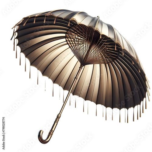 A stylish umbrella with a gold frame and a black handle.