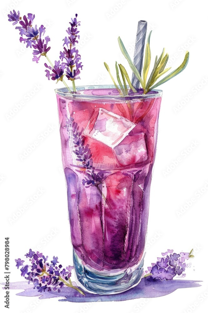 Refreshing Lavender Lemonade Watercolor Illustration with Ice and Straw Refreshing Lavender Lemonade Watercolor Illustration with Ice and Straw