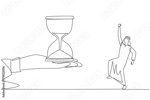 Single one line drawing Arabian businessman excited to get the hourglass from the giant hand. Challenging work. Always enthusiastic about many deadlines. Continuous line design graphic illustration