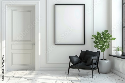 White modern room with open swing door furniture chair plant. photo