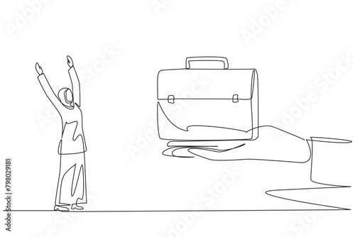 Continuous one line drawing Arabian businesswoman was excited to get the briefcase from giant hand. Capital. Expand business network. Go on a business trip. Single line draw design vector illustration