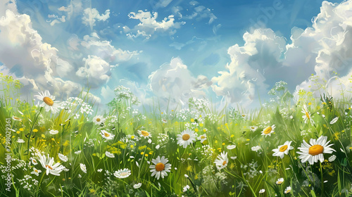 Idyllic summer scene with lush grass adorned by scenic meadow flowers and daisies