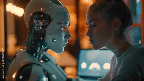 Girl facing a humanoid robot. Futuristic technology concept photo