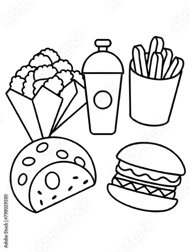 Outline Fast Food Collection. Cartoon Hamburger, Fries, Soda, Taco, and Chicken Nuggets Line Art for Kids Coloring Book.