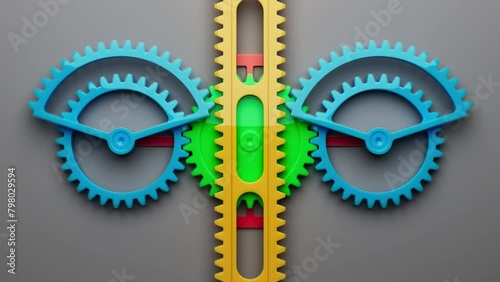 Looped animation of a group of multi-colored children plastic gears using a toothed rack. Looped movement. Close-up