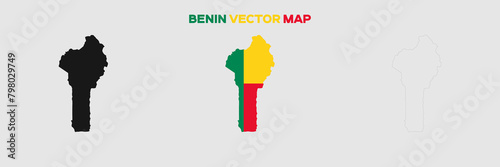 Benin Map Vector Pack. Map with Flag. Gray Map Silhouette. Gray Outline Map. Editable EPS file.
