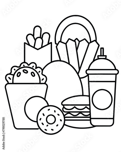 Unhealthy Fast Food Assortment Line Art Illustration for Coloring