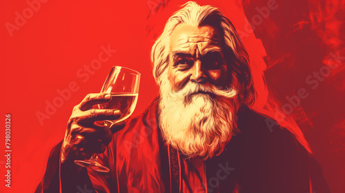 hand drawn illustration of Santa Claus with drink isolated on dark. Symbol of New Year photo