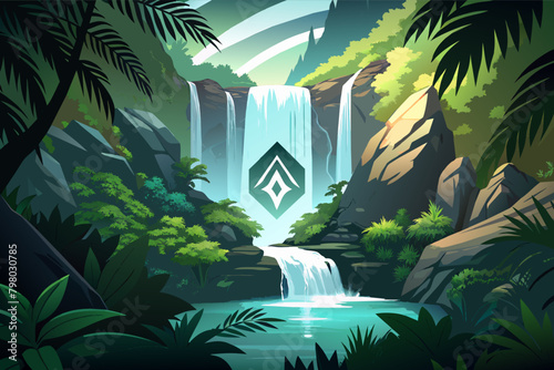 logo mockup projected onto a waterfall in a remote jungle