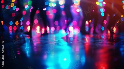 Blurred bursts of colorful spotlights shining down on a dimly lit dance floor the silhouetted figures of people moving to the rhythm ly visible in the background. .