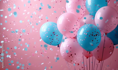 Pink and blue balloons and confetti background with copy space for festive gender reveal party or baby shower backdrop  Generative AI