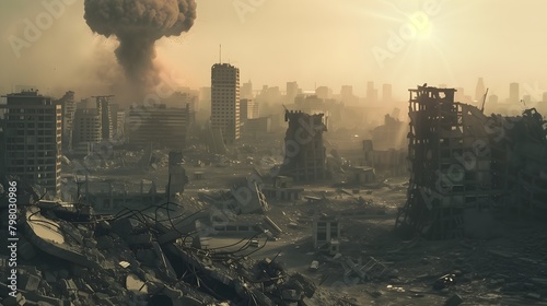 Nuclear War Aftermath Buildings Ruins Nuclear Explosion in the Distance photo