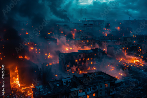 cityscape of burning abandoned apartment buildings by night, city on fire, war, european residetial area, aerial view, dark blue sky, photorealistic // ai-generated 