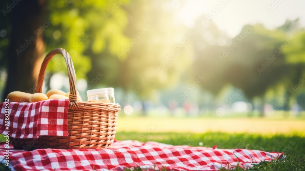 A picnic basket filled with fresh bread, fruit, and wine A picnic basket filled with fresh bread, fruit, and wine