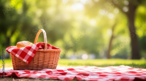 a picnic basket on a red-checkered tablecloth