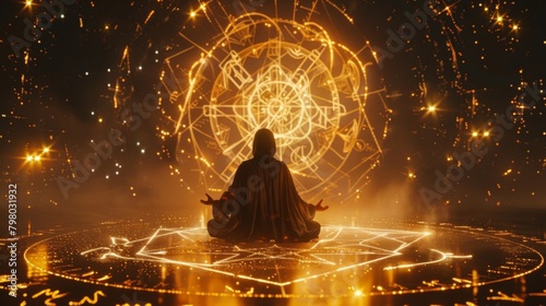 A mystical alchemist surrounded by glowing sigils and geometric patterns channeling the energy of the universe into traning base elements . . photo