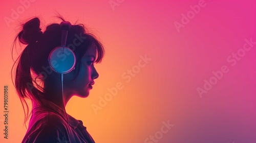 A young girl with headphones on a gradient background, copyspace, textspace photo