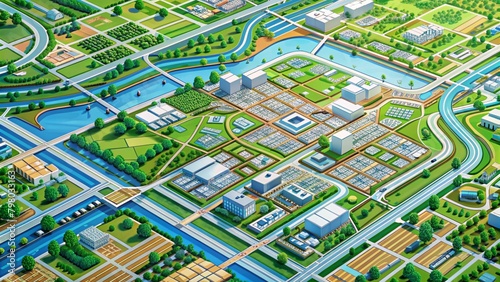 A detailed  technical blueprint showcasing urban planning and city zoning. A layout of a city  including residential  commercial  industrial zones and transportation routes and green spaces.