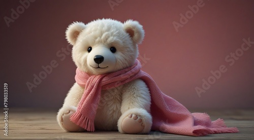 white teddy bear wearing a pink scarf,