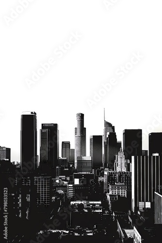 A black and white cityscape of a large American city.