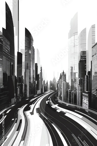A black and white cityscape with a road in the center. photo