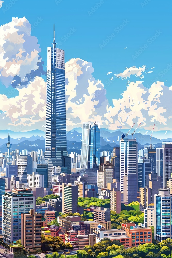 A digital painting of a cityscape with a tall skyscraper in the center.