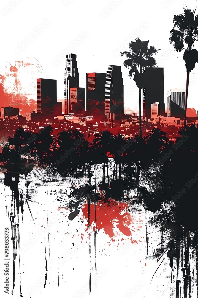 A painting of a cityscape with red and black colors