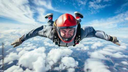 The parachutist in red helmet is engaged in skydiving.