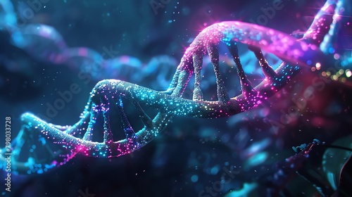 A glowing blue and pink double helix representing DNA. photo
