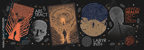 Psychology, psychiatry and mental health. Vector philosophic line illustration of man, searching for the meaning of life, labyrinth, fingerprint and life path for poster, magazine cover and background photo